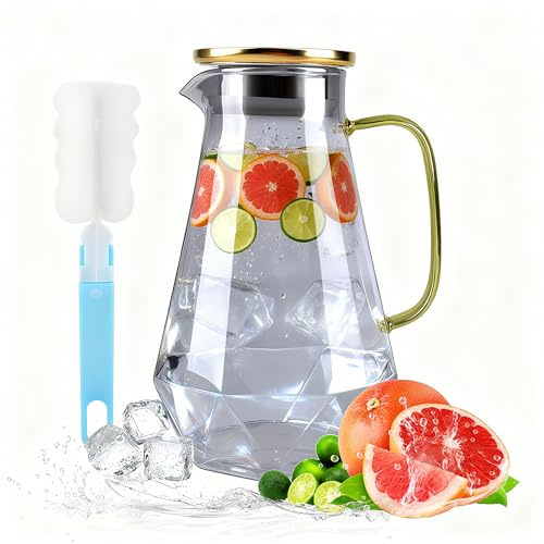 2L Glass Water Jug with Lid, Glass Pitcher for Iced Tea, Juice, Sangria, Cocktail, Milk, Cold or Hot Water, Heat-Resistant Borosilicate Large Jug (Grey Silver with Cleaning Brush)