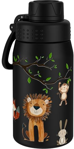 GOPPUS 420ml/15oz Kids Insulated Water Bottle with Screw Lid (No Straw) Stainless Steel Toddler Bottle School Flask Girls Boys Drinks Cup with Handle & Leakproof & Keep Drinks Cold (Black Lion)
