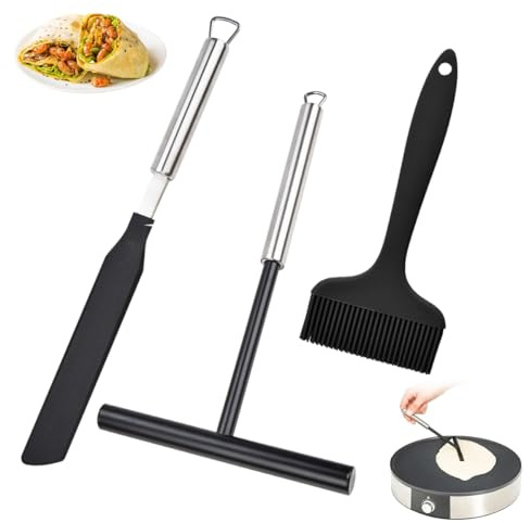 3-Piece Crepe Distributor Set, T-Shaped Dough Distributor, Crepe Distributor, Spatula and Black Cooking Brush, Stainless Steel and Silicone Crepes Spatula, Dough Distributor, Crepe Maker Accessories