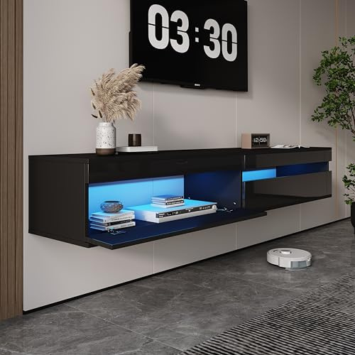ANTISTA Solid Wood Floating TV Stand - 71 Entertainment Center with LED Lighting and Charging Station,High-Gloss Floating TV Stand with Storage for Living Room，Media Console for TVs up to 85,Black