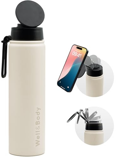 Well & Body Botella Térmica Magnet’O PRO 750 mL | Botella para móvil Compatible con MagSafe, termo de acero inoxidable sin BPA | Con tapón PRO y soporte giratorio 360° para gimnasio [CREMA]