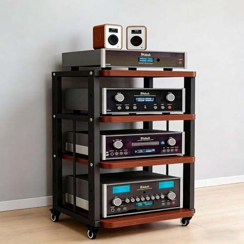 POPICK 3/4-stufiger HiFi Rack mit Rädern, Audio Regal aus Holz & Metall, Medienständer mit Verstellbaren Ablagen, Mobiles HiFi Rack auf Rollen für Plattenspieler, Verstärker, Stereoanlagen, Wohnzimme