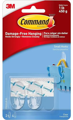 Command Small Hooks with Clear Strips, Pack of 2 Hooks + 4 Adhesive Strips, Transparent - Indoor Use - Suitable for hanging items up to 450 g - Damage Free Hanging