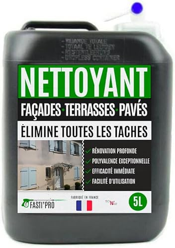 Nettoyant façade, terrasses, dalles Fasti pro Rénovateur - Elimine les traces rouges et noires sur façades, allées en seulement 30 minutes - Bidon de 5L