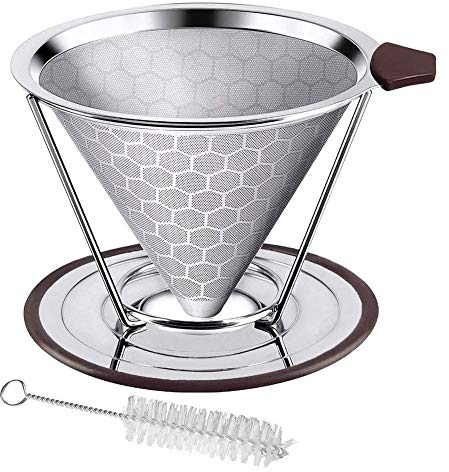 J-MOOSE Filtre à Café Permanent de haute précision en acier inoxydable 304 de qualité alimentaire, Réutilisable avec Double Maille en Inox et Anse en Silicone (A)