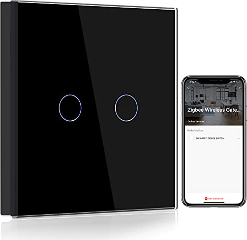 BSEED Smart ZigBee Interruptor de Luz,2 Gang 1 Vía Interruptor Inteligente Negro,Compatible con Alexa y Google Home, Control de APP y Función de Temporizador(Zigbee Gateway Hub Requerido)