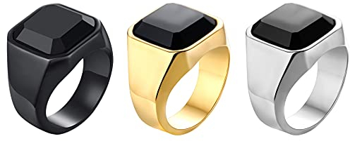 JewelryWe Schmuck 3 PCS Siegelringe Herren-Ring Edelstahl Glas Stein Klassiker Viking Ringe Bandringe mit Gravur Geschenke für Männer Silber Gold Schwarz Größe 67