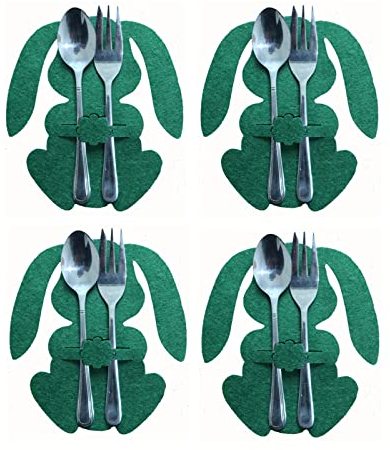 Dantazz 4PC Ostern Besteckhalter Filz Osterhase Bestecktasche Kaninchen Besteckbeutel Küchenbesteck Anzug Besteckhülle Ostern Esstisch Deko Messer und Gabeln Tasche für Tischdeko (Grün, 15x12,5cm)