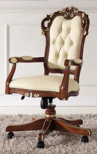 Casa Padrino Luxus Barock Bürostuhl Beige/Braun/Gold 57 x 48 x H. 107-117 cm - Höhenverstellbarer Schreibtischstuhl mit Echtleder - Barock Büro Möbel - Luxus Qualität - Made in Italy
