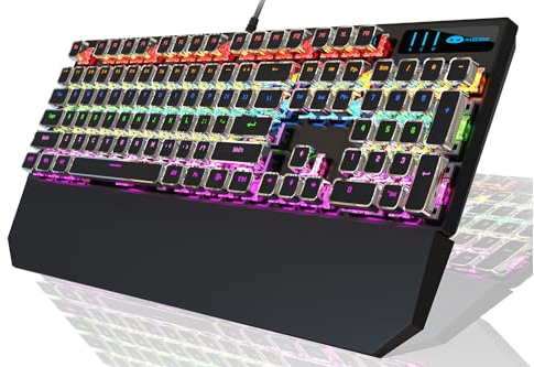 Camiysn Clavier de jeu mécanique style machine à écrire, clavier de jeu rétro punk noir avec rétroéclairage RVB, 104 touches bleues, touches mignonnes filaires, touches carrées uniques pour Windows