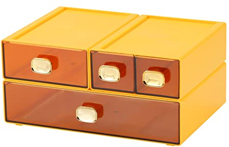 OSteed Office Desk Organiser Drawers, Stackable Desktop Storage Drawer, Plastic A4 Drawer Organiser, Stationery Storage Unit, Letter Box, Countertop Tabletop Toiletry Storage Drawers, 4 Mixed Yellow