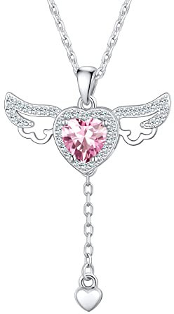 SILVERCUTE Kette für Damen Mädchen Engelsflügel Geburtsstein Halskette Amors Herz Anhänger mit Flügel Rosa Zirkon Kettenanhänger Angel Moving Wings Heart Pendant Necklace Modeschmuck für Muttertag