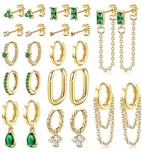 LOLIAS 12Pairs Petite Vertes Mini Boucles d'oreilles Femme Acier Inoxydable Pendantes avec Chaîne Lot Boucles d'oreilles Femme Hypoallergénique Zircon Creoles Or/Argent