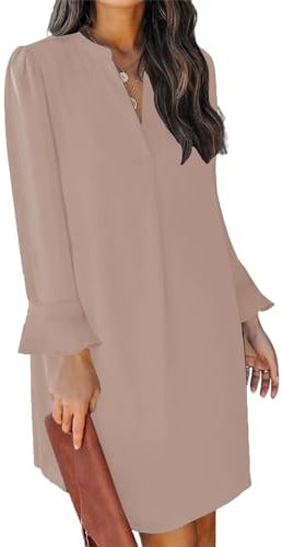 ANFTFH Robe chemise élégante pour femme - Col en V - Manches mi-longues - Style décontracté - Couleur unie - Robe mi-longue - Robe décontractée, Rose clair (3), L