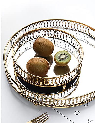 Kaichenyt Bandeja decorativa de metal, bandeja de espejo, rectangular, dorada, redonda, organizador de perfume, bandeja de almacenamiento (redonda)