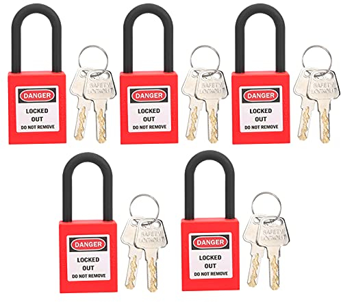 5 Sätze Lockout-Schloss, 38 Mm, Nylon, Staubdicht, Sicherheits-Vorhängeschloss, Tagout-Schlösser, Loto-Vorhängeschloss, Sicherheitsschloss für Industriestandort, Logistik, (Rot)