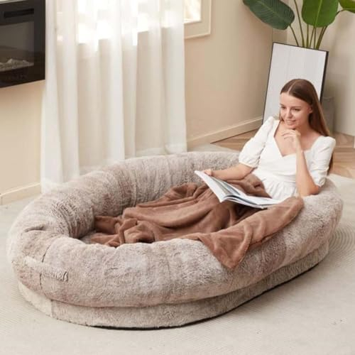 Flauschiges Hundebett, Hundebett mit Seiten, Bett für Menschen, Sitzsack-Hund, riesiges Sitzsack-Hundebett mit Decke, waschbares Kunstfell-Hundebett für Haustiere, Mensch(Size:135*85*30cm,Color:Khaki)
