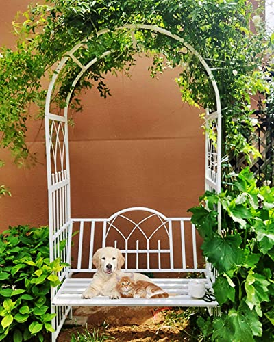 Rosenbogen, Torbogen, Gartenlaube, strapazierfähig, Metallgitter zum Pflanzenklettern, Pergola mit Bank für Garten, Hinterhof, Rasen, Schwarz/Weiß (Farbe: Weiß)