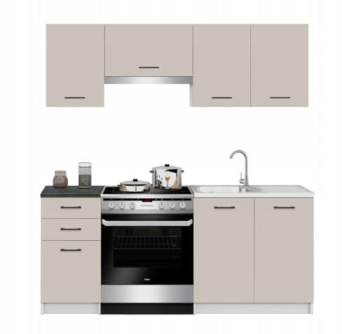 Funktionale Küchenmöbel - Kaschmir Küchenzeile 180 cm mit District Dark Arbeitsplatten - Komplette, moderne Küchenmöbel zur Selbstmontage - erweiterbar - 1 Küchenarbeitsplatten