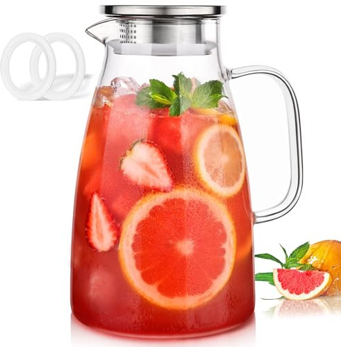 Potdoctor Jarra de vidrio con tapa, jarra de agua de 72 onzas con asa y boquilla para nevera, vidrio de borosilicato para té helado, jugo, sangría, bebidas frías/calientes, jarra grande con 2 anillos