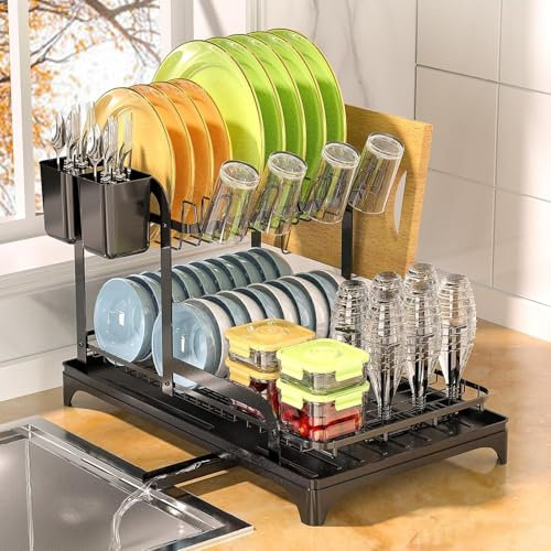 Yexati Escurridor de platos de gran capacidad de 2 niveles con bandeja de goteo antioxidante para encimera de cocina y soporte para utensilios, drenaje para botellas, estante para tazas para encimera
