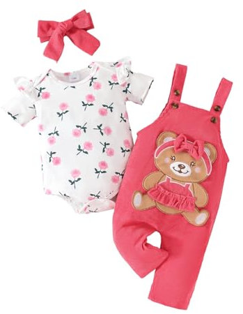 UUAISSO Vestiti per Neonate Top Floreali Tuta Orso Salopette Regolabile Tuta Set di Abiti Rosa Rosso 3-6 mesi