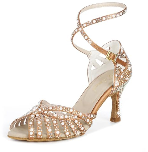 Y205-33 Women's Latin Dance Rhinestone High Heel Shoes Elegant Comfortable Adjustable Ankle Strap Dance Sandals for Ballroom and Salsa