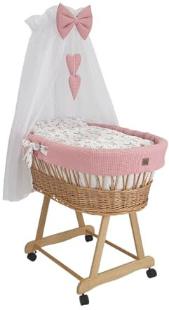 Wiklinopol Moseskorb mit Baldachin Lena – Baby-Stubenwagen aus Weide mit Gestell – Babykorb in Natur, Komplettset mit 5-TLG. Waffel-Bettwäsche Häschen Rosa – Mit Rollen, Tragbar, Sicher