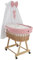 Wiklinopol Moseskorb mit Baldachin Lena – Baby-Stubenwagen aus Weide mit Gestell – Babykorb in Natur, Komplettset mit 5-TLG. Waffel-Bettwäsche Häschen Rosa – Mit Rollen, Tragbar, Sicher