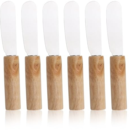 XENQITO 6 Pezzi Coltelli da Burro in Acciaio Inox, Piccoli Coltelli da Formaggio con Manico in Legno, Coltelli da Cucina da Spalmare per Snack Marmellata Pane Panna Burro Formaggio Cremoso