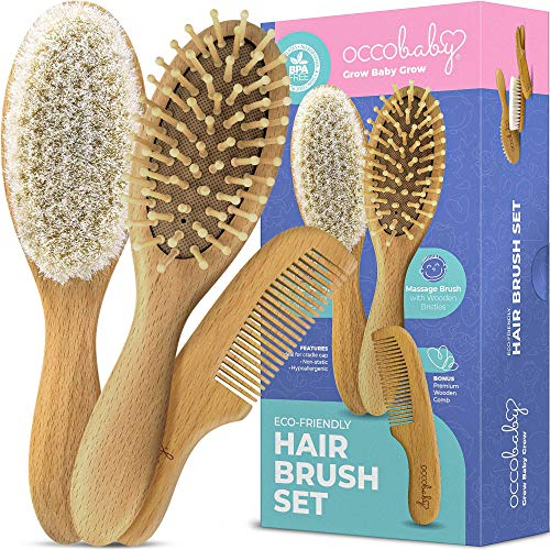 OCCObaby Wooden Baby Hair brush Set for Newborns & Toddlers - Soft Hair Brush for Baby Grooming - Baby Scalp Brush and baby comb for Cradle Cap - Toddler Comb