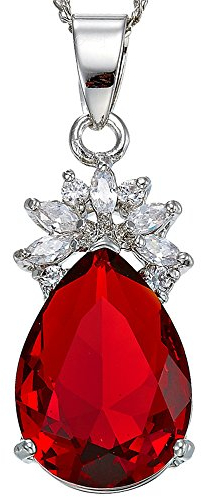 RIVA Anhänger mit 45cm(18) Kette & Tropfenschliff Edelstein Zirkonia CZ [Rot Rubin] in 18K Weißes Gold Vergoldet, Einfache Moderne Eleganz