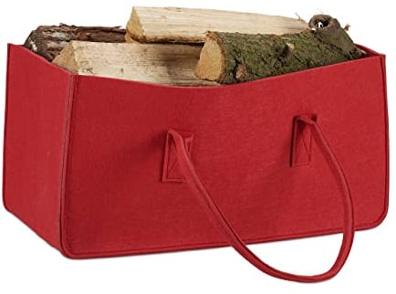 Relaxdays Kaminholztasche aus Filz, tragbarer Feuerholzkorb, faltbarer Zeitungshalter HxBxT: 25 x 25 x 50 cm, rot