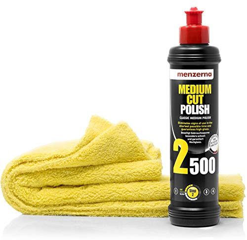detailmate Auto Polier Set - Autopflege: Menzerna Autopolitur MEDIUM CUT POLISH 2500, 250 ml - Beseitigung von Schleifspuren + Mikrofaser Auto Poliertuch, 40x40cm, perfekt zum Auspolieren auf Autolack