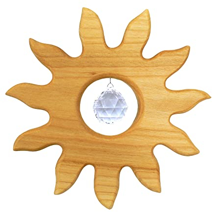 Fensterdeko aus Holz hängend Sonne groß mit Kristall, Sonnenfänger, Fensterschmuck
