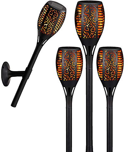 LED Solar Fackel | 4er Set 3in1 Gartenleuchte | Flammenflackern ca. 58cm Licht | Lampe zum stellen stecken | inkl. Wandhalterung