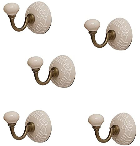 Knober 5 X Garderobenhaken aus Edelstahl und Keramik. Handbemalt weiß creme