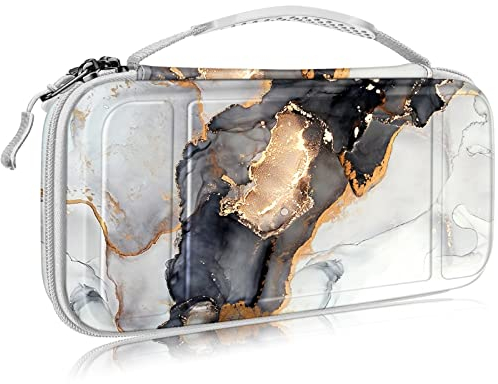FINTIE Tragetasche Kompatibel mit Nintendo Switch 2017 /Switch OLED Modell 2021- [Stoßfeste] Hartschalen Aufbewahrung mit 10 Spielkartenhaltern, Reisetasche für Konsole und Zubehör, Trüber Marmor