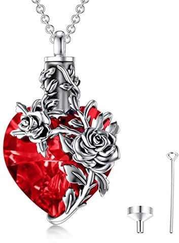 PELOVNY Rose/Lotus/Sunflower/Lily Flower Cremation Urn Necklace For Ashes Sterling Silver Heart/Teardrop Crystal Memorial Jewelry For Women, Sterling Silver, Blue,Red,Silver