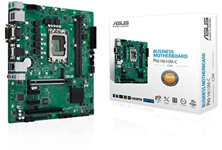 ASUS PRO H610M-C CSM Motherboard mATX, Intel H610, LGA1700, DDR5, PCI 5.0, Intel LAN 1Gb, Realtek 7.1 Surround, 1xM.2, 4xSATA 6GB/s, USB 3.2 Gen 2, Asus Control Center Express, Black