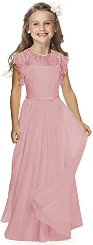 TYHTYM Robe de demoiselle d'honneur, robe de bal, robe en dentelle, manches flottantes, ivoire, taille, Rose, 12-13 ans