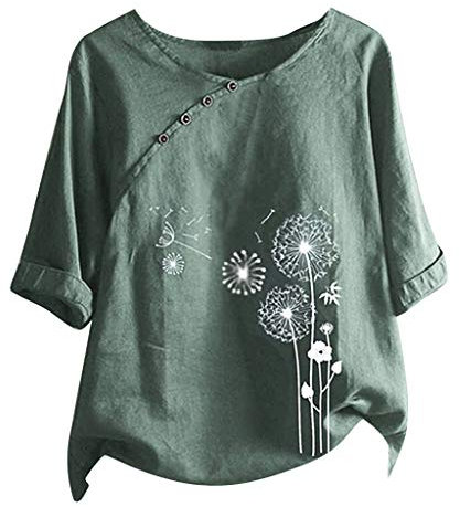 Damen Vintage Leinenbluse Sommer Kurzarm Oversize Oberteile Leinen Bluse Grosse Grössen Leinenoberteile Übergröße Tshirt Tunika Elegante Casual Pusteblume Druck Mode Lose T Shirt Pullover Tops