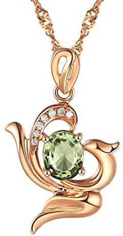 Rose Gold Necklace, 18K Rose Gold Pendant Necklace Phoenix with Diamond and Green Tourmaline 0.633ct with 45+5cm Extender Rolo Chain