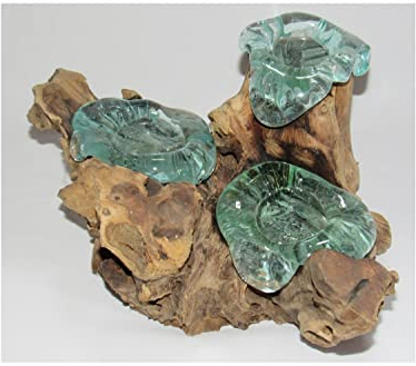 Spezial Deko Glas Teelichthalter 3`er auf Wurzelholz - Felsen II Kerzenhalter spezielle Geschenkidee charakteristische Dekoration