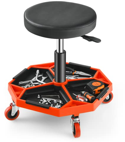 GOPLUS Werkstatthocker 41-56cm höhenverstellbar, Rollhocker mit Werkzeugablage & 4 Universalrädern, Funktioneller Arbeitshocker für Garage, Reparaturwerkstatt, 150 kg max. Belastung