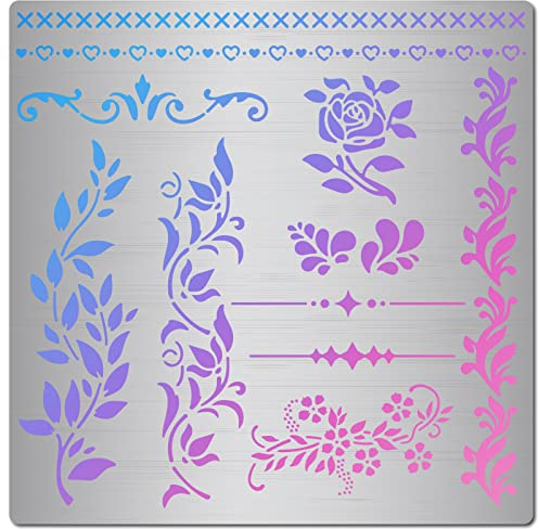 GORGECRAFT Metallrebenschablone 16x16 cm Blätter Rebe Rose Blume Randstreifen Muster Schablonen Wiederverwendbar Edelstahl-Malvorlage Für Holzschnitzerei Brandmalerei Gravur Dekoration Basteln