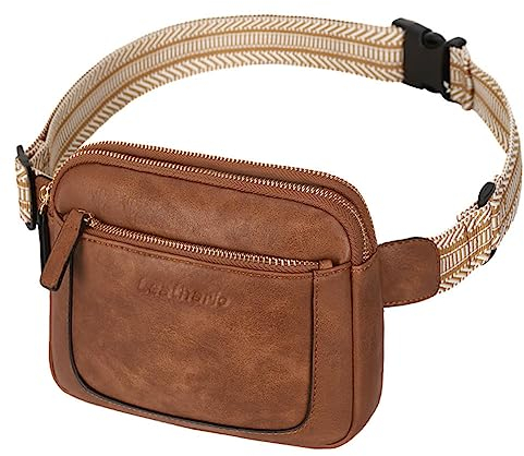 Leathario Bauchtasche Damen klein aus Veganem Leder, Crossbodybag mit Breitem Gurt,Gürteltasche zum Umhängen,Hüfttasche Braun zur Arbeit,Shopping Freizeit, Outdoor, Verabredungen, Reisen