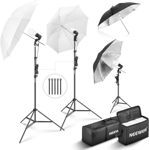 NEEWER Kit d'Éclairage pour la Photographie 600W, Équivalent Incandescent avec 2 Parapluie Blanc, 2 Parapluie Noir, 3 Ampoule LED 24W, 3 Support de lumière, 2 Sac, 5 Attache câbles, 3 Socle E27,NK500