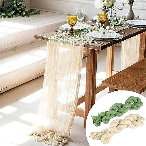 HDHGXUJRD 2 Stück Tischläufer Beige Boho für Hochzeitsdeko 90 x 400 cm Seihtuch-Tischläufer Mousse Musselin Tischläufer Rustikaler Gaze-Stoff Käsetuch Tischläufer für Babyparty Vintage Geburtstag