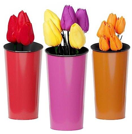 Lot de 3 vases mataliques pour Jardin, Couleurs Rose, Orange et Rouge